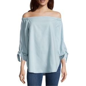 a.n.a. Cold Shoulder Tiered Blouse Tie 3/4 Sleeve Light Blue Denim Womens Medium